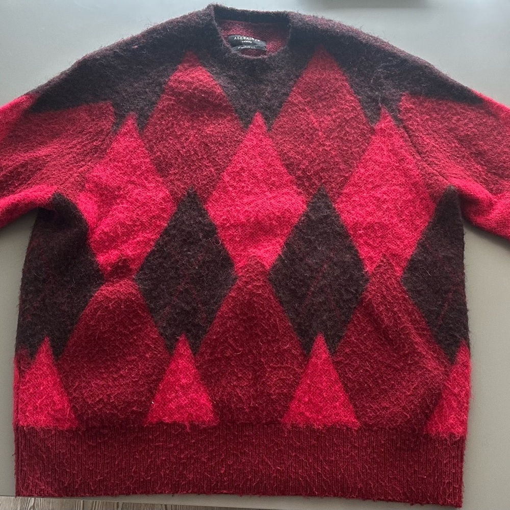 All Saints Red and Black Argyle Crewneck Sweater - Worn Once Never Washed